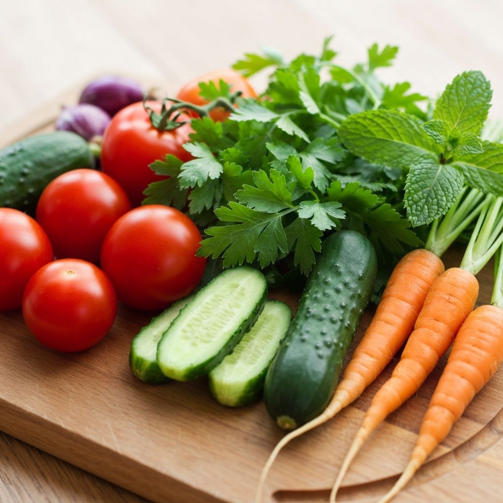 Frisches Gemüse und Kräuter auf Schneidebrett