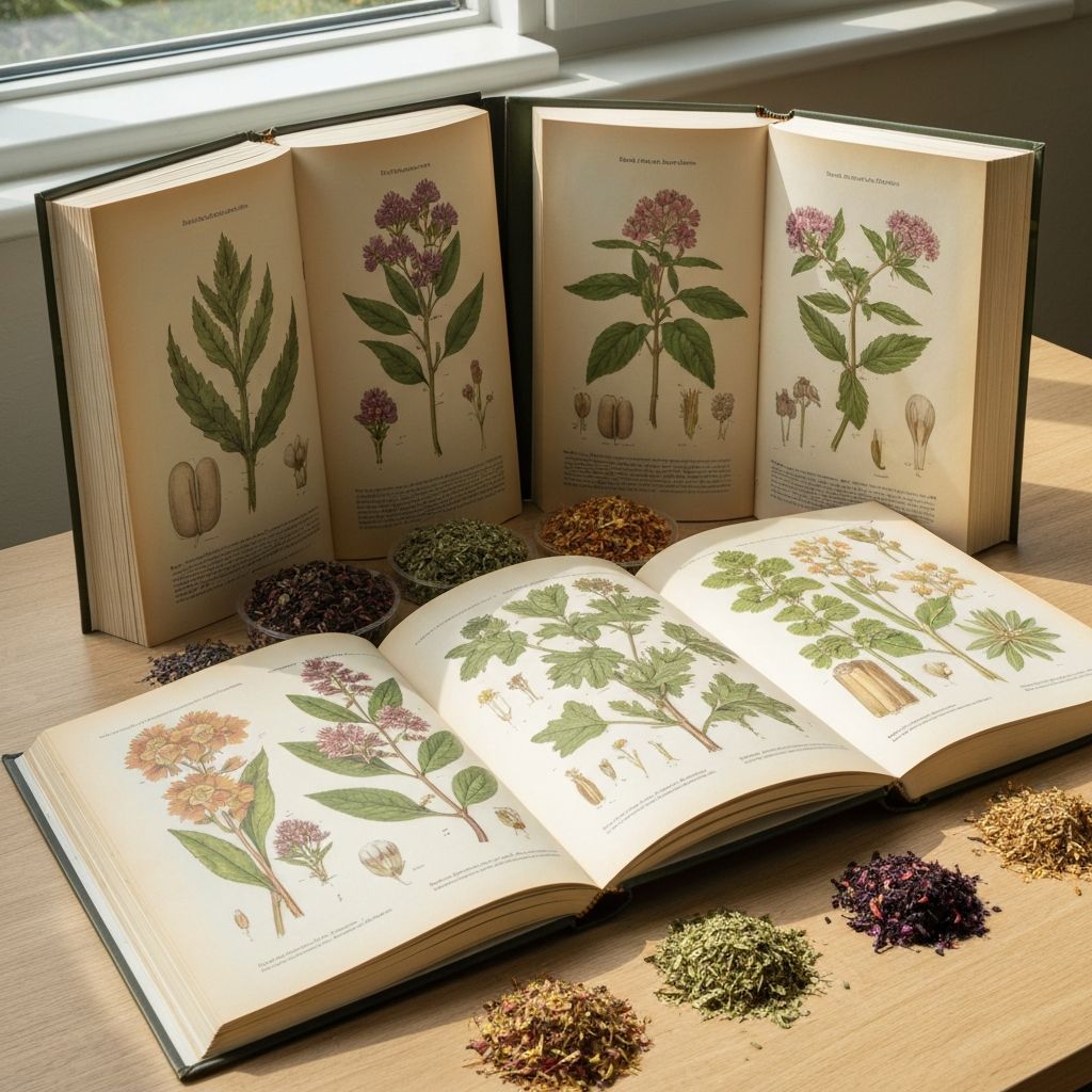 Botanische Bücher und getrocknete Kräuter