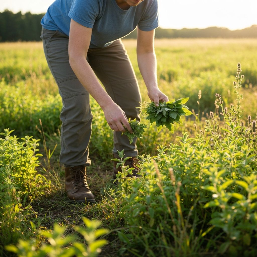 Person sammelt Kräuter im Feld